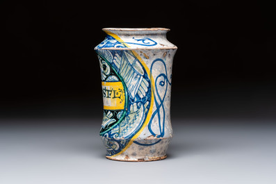 A polychrome Italian maiolica 'a trofei' albarello, inscribed V. APOSTL, Deruta, late 16th C.