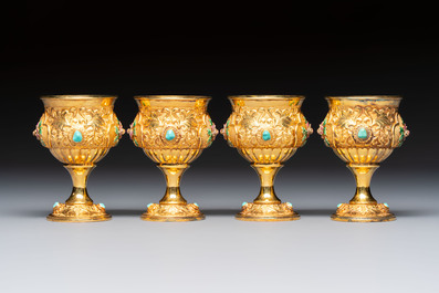 A rare Chinese export precious stone-inset and enamelled gilt-silver coffee set with matching tray, silver marks, 20th C.