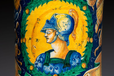 A massive polychrome Italian maiolica albarello with a profile bust of a warrior from the Antique, Venice, 16th C.