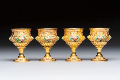A rare Chinese export precious stone-inset and enamelled gilt-silver coffee set with matching tray, silver marks, 20th C.