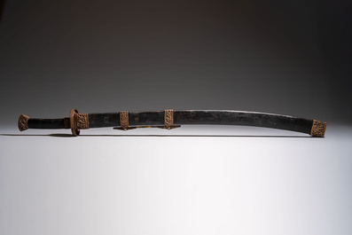 A Chinese palace guard sword 'Dao' inscribed 'Da Nei Shi Wei 大內侍衛', with lacquered wooden scabbard and gilt-bronze 'Dragon' mounts, Qing
