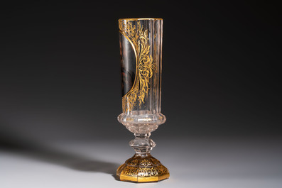A gilt polychrome-decorated facetted 'Royal Portrait' glass goblet, Moser, Czech Republic, 19th C.