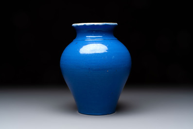 A rare lavender-blue-ground French faience baluster vase, probably Nevers, 18th C.