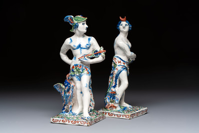 An important pair of polychrome Dutch Delft cashmere palette figures of Diana and Mercury, dated 172(?)