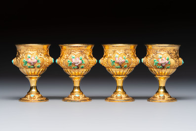 A rare Chinese export precious stone-inset and enamelled gilt-silver coffee set with matching tray, silver marks, 20th C.