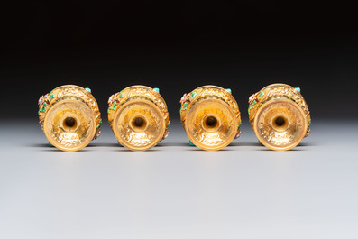 A rare Chinese export precious stone-inset and enamelled gilt-silver coffee set with matching tray, silver marks, 20th C.