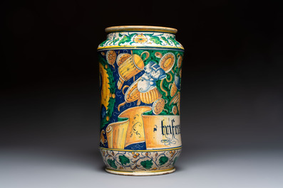 A massive polychrome Italian maiolica albarello with a profile bust of a warrior from the Antique, Venice, 16th C.