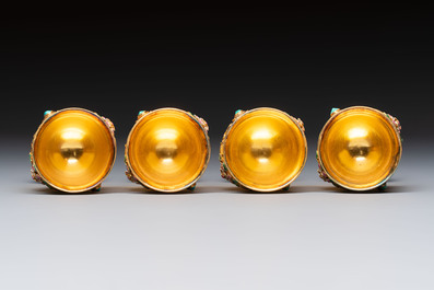 A rare Chinese export precious stone-inset and enamelled gilt-silver coffee set with matching tray, silver marks, 20th C.