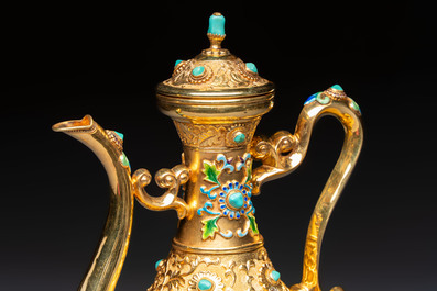 A rare Chinese export precious stone-inset and enamelled gilt-silver coffee set with matching tray, silver marks, 20th C.
