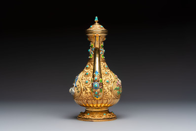 A rare Chinese export precious stone-inset and enamelled gilt-silver coffee set with matching tray, silver marks, 20th C.