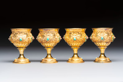 A rare Chinese export precious stone-inset and enamelled gilt-silver coffee set with matching tray, silver marks, 20th C.