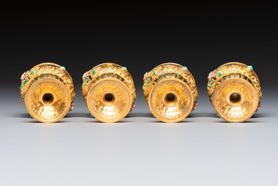 A rare Chinese export precious stone-inset and enamelled gilt-silver coffee set with matching tray, silver marks, 20th C.