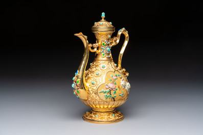 A rare Chinese export precious stone-inset and enamelled gilt-silver coffee set with matching tray, silver marks, 20th C.