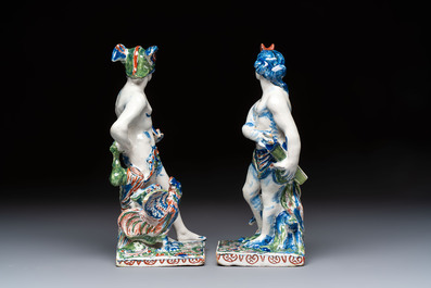 An important pair of polychrome Dutch Delft cashmere palette figures of Diana and Mercury, dated 172(?)