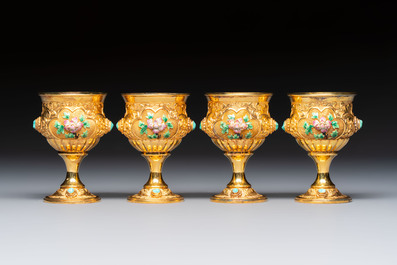 A rare Chinese export precious stone-inset and enamelled gilt-silver coffee set with matching tray, silver marks, 20th C.