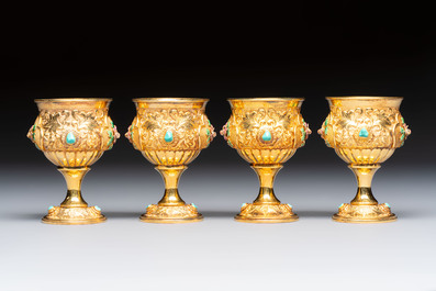 A rare Chinese export precious stone-inset and enamelled gilt-silver coffee set with matching tray, silver marks, 20th C.