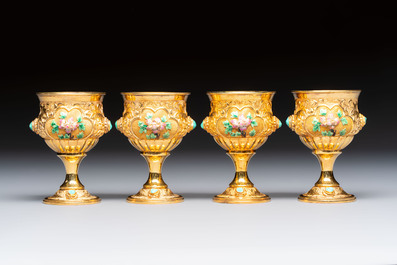 A rare Chinese export precious stone-inset and enamelled gilt-silver coffee set with matching tray, silver marks, 20th C.