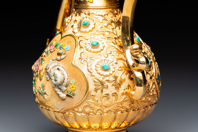 A rare Chinese export precious stone-inset and enamelled gilt-silver coffee set with matching tray, silver marks, 20th C.
