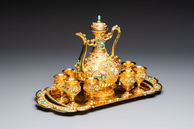 A rare Chinese export precious stone-inset and enamelled gilt-silver coffee set with matching tray, silver marks, 20th C.
