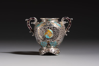 A Japanese enamelled reticulated silver 'koro' censer, Meiji, 19th C.