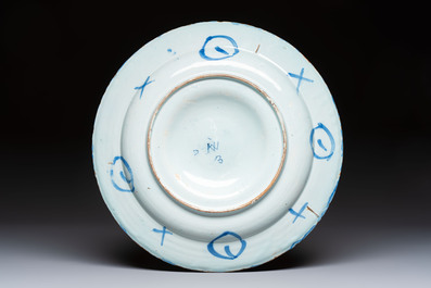 A blue and white Dutch Delft 'Chinoiserie' dish, 17th C.