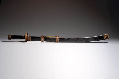 A Chinese palace guard sword 'Dao' inscribed 'Da Nei Shi Wei 大內侍衛', with lacquered wooden scabbard and gilt-bronze 'Dragon' mounts, Qing