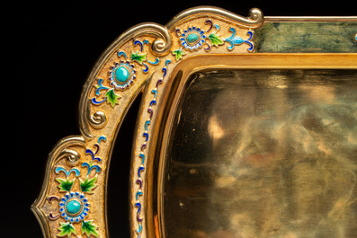 A rare Chinese export precious stone-inset and enamelled gilt-silver coffee set with matching tray, silver marks, 20th C.