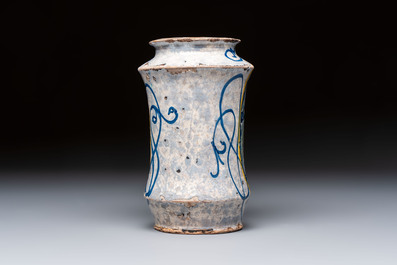 A polychrome Italian maiolica 'a trofei' albarello, inscribed V. APOSTL, Deruta, late 16th C.