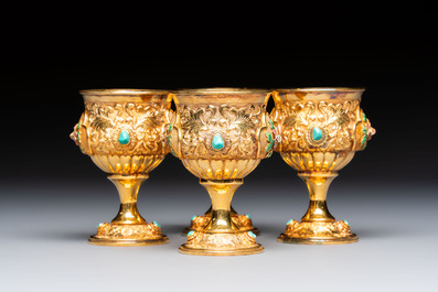 A rare Chinese export precious stone-inset and enamelled gilt-silver coffee set with matching tray, silver marks, 20th C.
