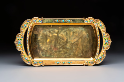 A rare Chinese export precious stone-inset and enamelled gilt-silver coffee set with matching tray, silver marks, 20th C.
