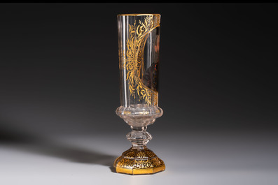 A gilt polychrome-decorated facetted 'Royal Portrait' glass goblet, Moser, Czech Republic, 19th C.
