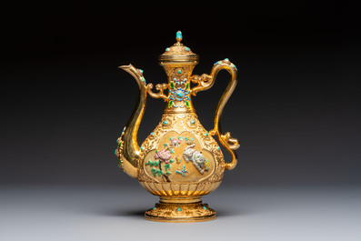 A rare Chinese export precious stone-inset and enamelled gilt-silver coffee set with matching tray, silver marks, 20th C.