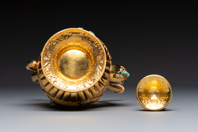 A rare Chinese export precious stone-inset and enamelled gilt-silver coffee set with matching tray, silver marks, 20th C.
