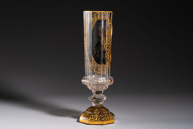 A gilt polychrome-decorated facetted 'Royal Portrait' glass goblet, Moser, Czech Republic, 19th C.