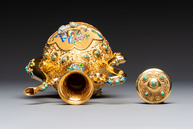 A rare Chinese export precious stone-inset and enamelled gilt-silver coffee set with matching tray, silver marks, 20th C.