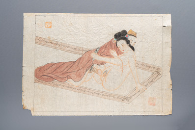 Chinese school: 11 erotic paintings, ink and colour on paper, dated 1904