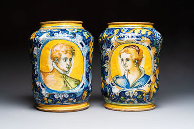 An exceptional pair of large polychrome Italian maiolica albarelli with a bust of a man and a woman, Venice, workshop of Maestro Domenico, mid 16th C.