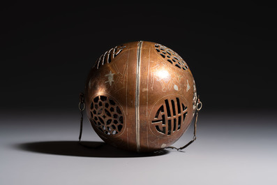A Chinese or Vietnamese silver-inlaid copper reticulated spherical censer and a silver- and copper-inlaid bronze tripod censer, 19th C.