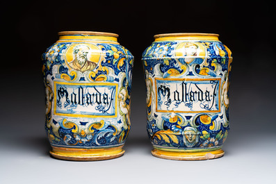An exceptional pair of large polychrome Italian maiolica albarelli with a bust of a man and a woman, Venice, workshop of Maestro Domenico, mid 16th C.