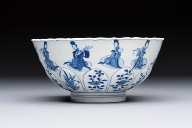 A Chinese blue and white moulded 'Elegant Beauties' bowl, Chenghua mark, Kangxi