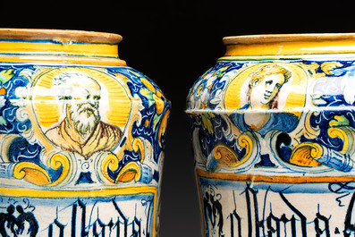 An exceptional pair of large polychrome Italian maiolica albarelli with a bust of a man and a woman, Venice, workshop of Maestro Domenico, mid 16th C.