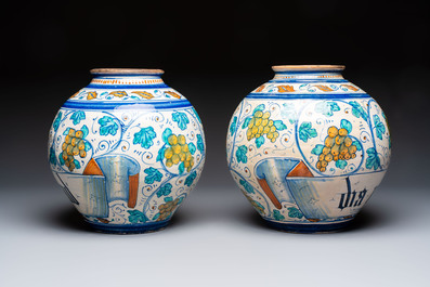 A pair of large polychrome Italian maiolica drug jars with grapevines, Venice, 3rd quarter 16th C.