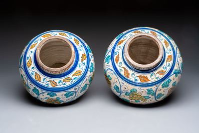 A pair of large polychrome Italian maiolica drug jars with grapevines, Venice, 3rd quarter 16th C.