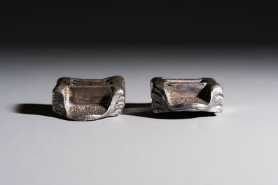 Two Chinese silver "Pai Fang 牌坊" sycee ingots, Yunnan mint, Zhang Tongchang 張同昌 and Chen Yuanchang 陳元昌 marks, 19th C.