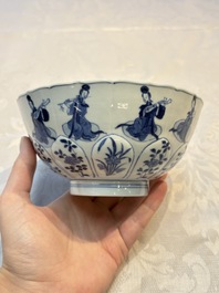 A Chinese blue and white moulded 'Elegant Beauties' bowl, Chenghua mark, Kangxi