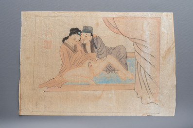 Chinese school: 11 erotic paintings, ink and colour on paper, dated 1904