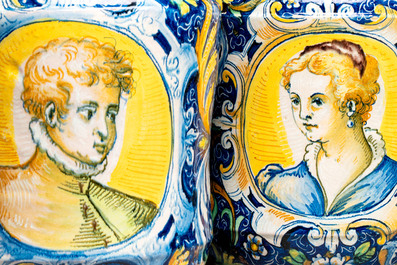 An exceptional pair of large polychrome Italian maiolica albarelli with a bust of a man and a woman, Venice, workshop of Maestro Domenico, mid 16th C.