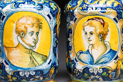 An exceptional pair of large polychrome Italian maiolica albarelli with a bust of a man and a woman, Venice, workshop of Maestro Domenico, mid 16th C.