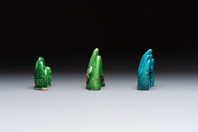 Three Chinese verte biscuit and turquoise-glazed brush rests, Kangxi and later