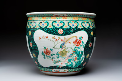 A Chinese famille verte black-ground jardini&egrave;re with birds, antiquities and flowers, 19th C.